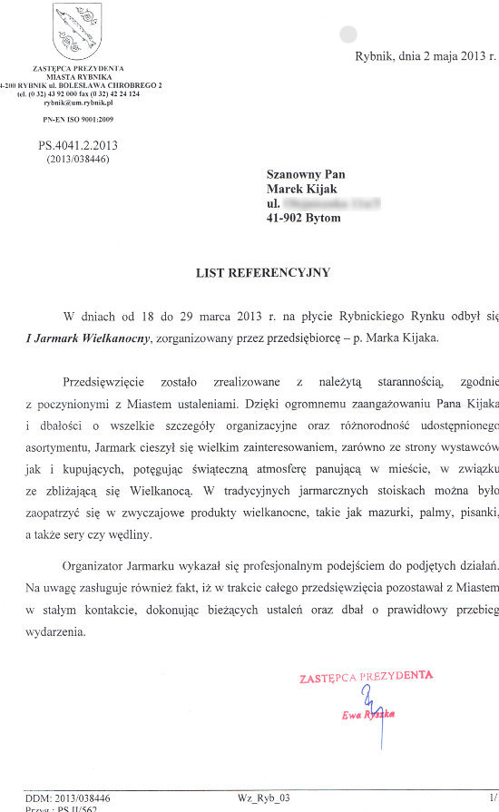 List Referencyjny od Zastępcy Prezydenta miasta Rybnik